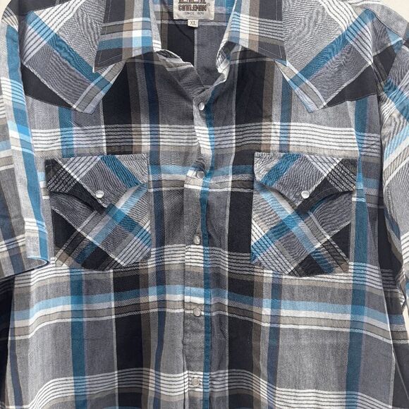 Ely Cattleman Western Shirt Mens XL Tall Blue Black Plaid Pearl Snap Cowboy - Picture 2 of 3